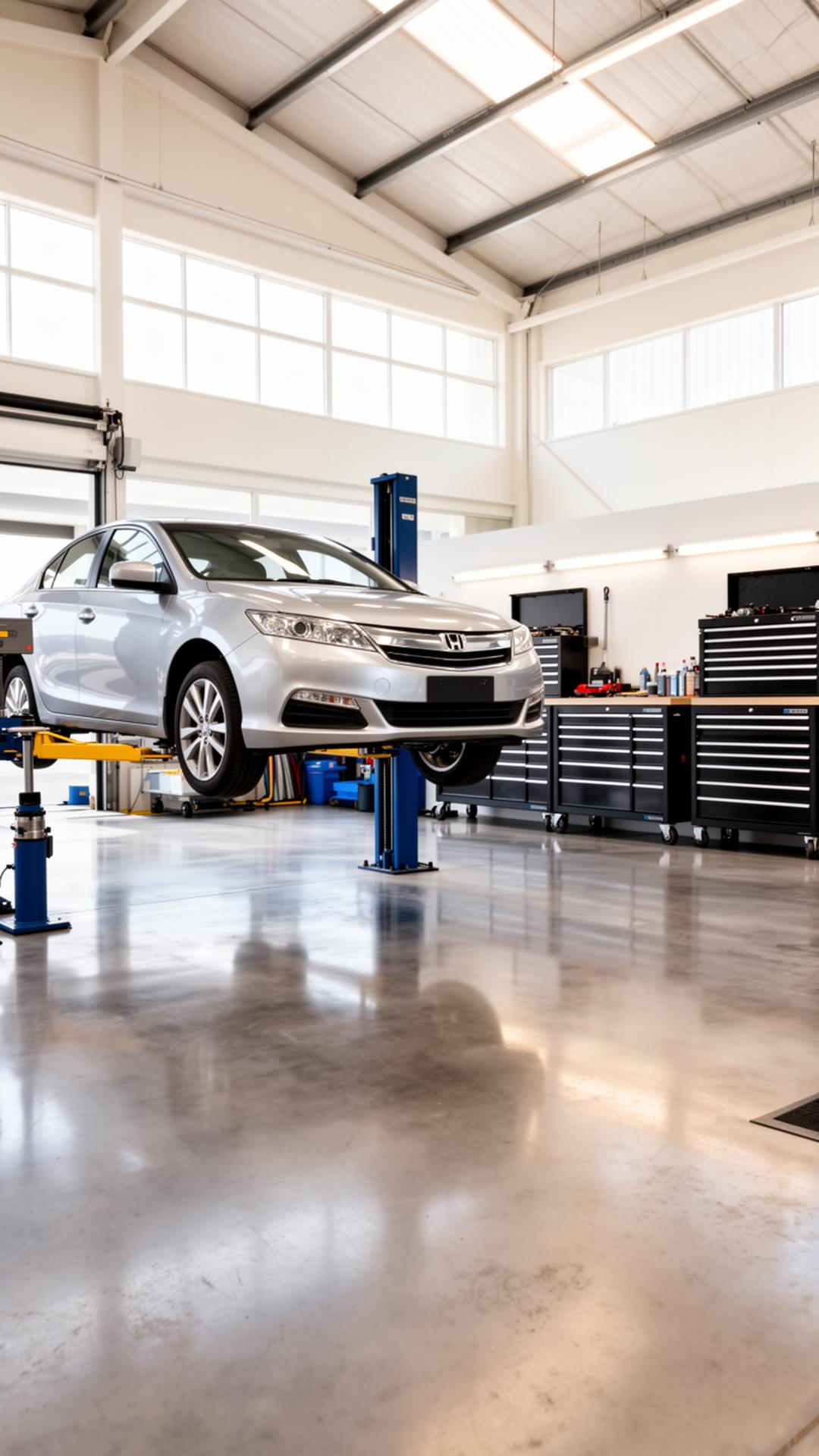 A modern New Zealand workshop with a vehicle on a hoist