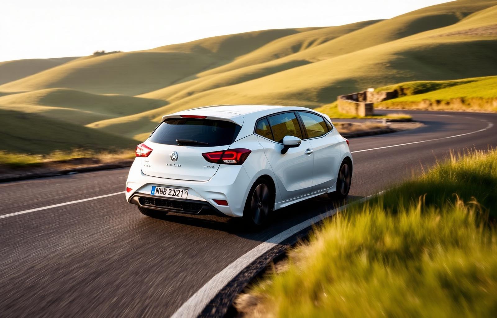 A hatchback driving on a New Zealand rural road